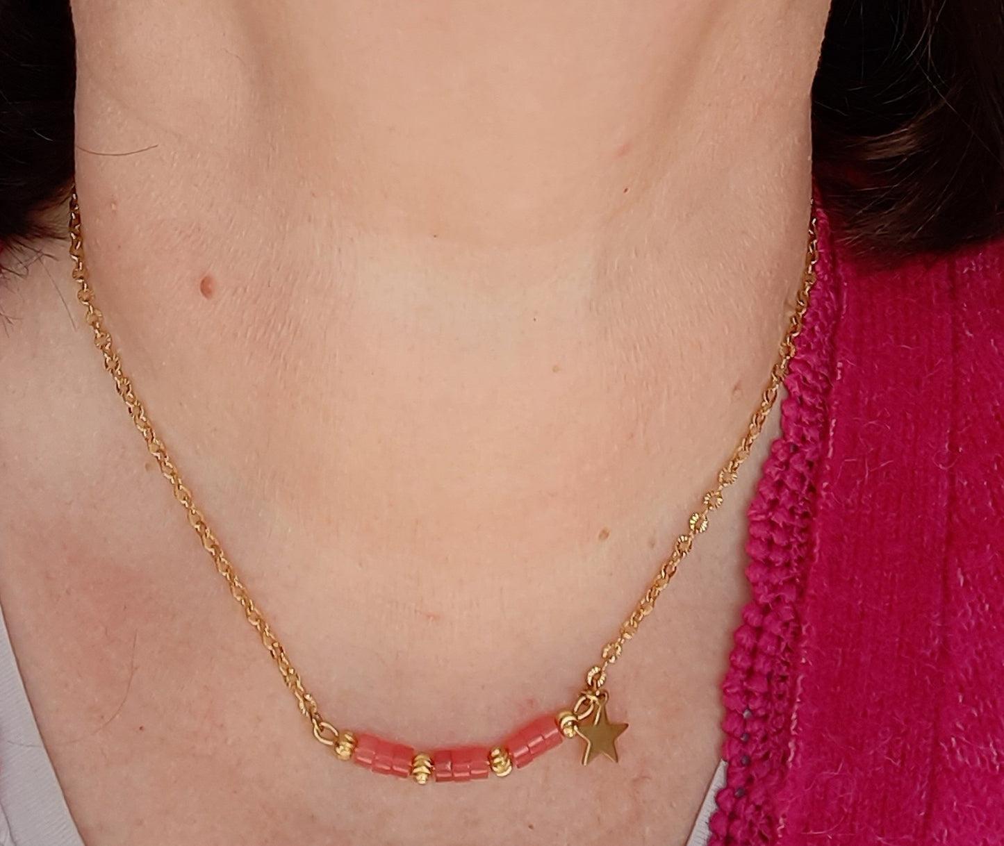 Collier chaîne acier inoxydable stainless steel 316 et pierres véritables perles heishi Chalcedony réglable handmade