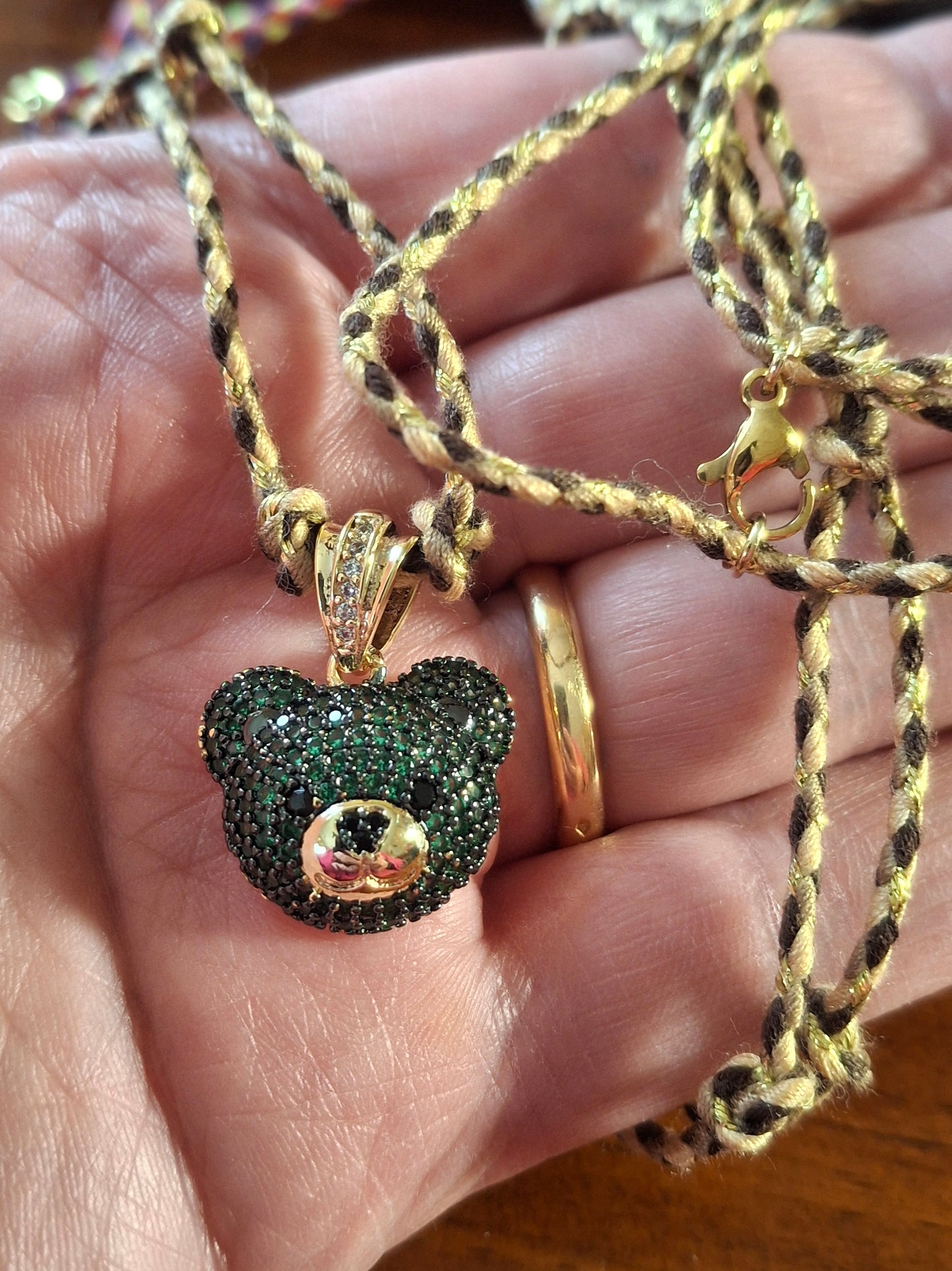 Collier cordon tressé réglable ajustable ourson plaqué or 18K serti zirconium AAA handmade