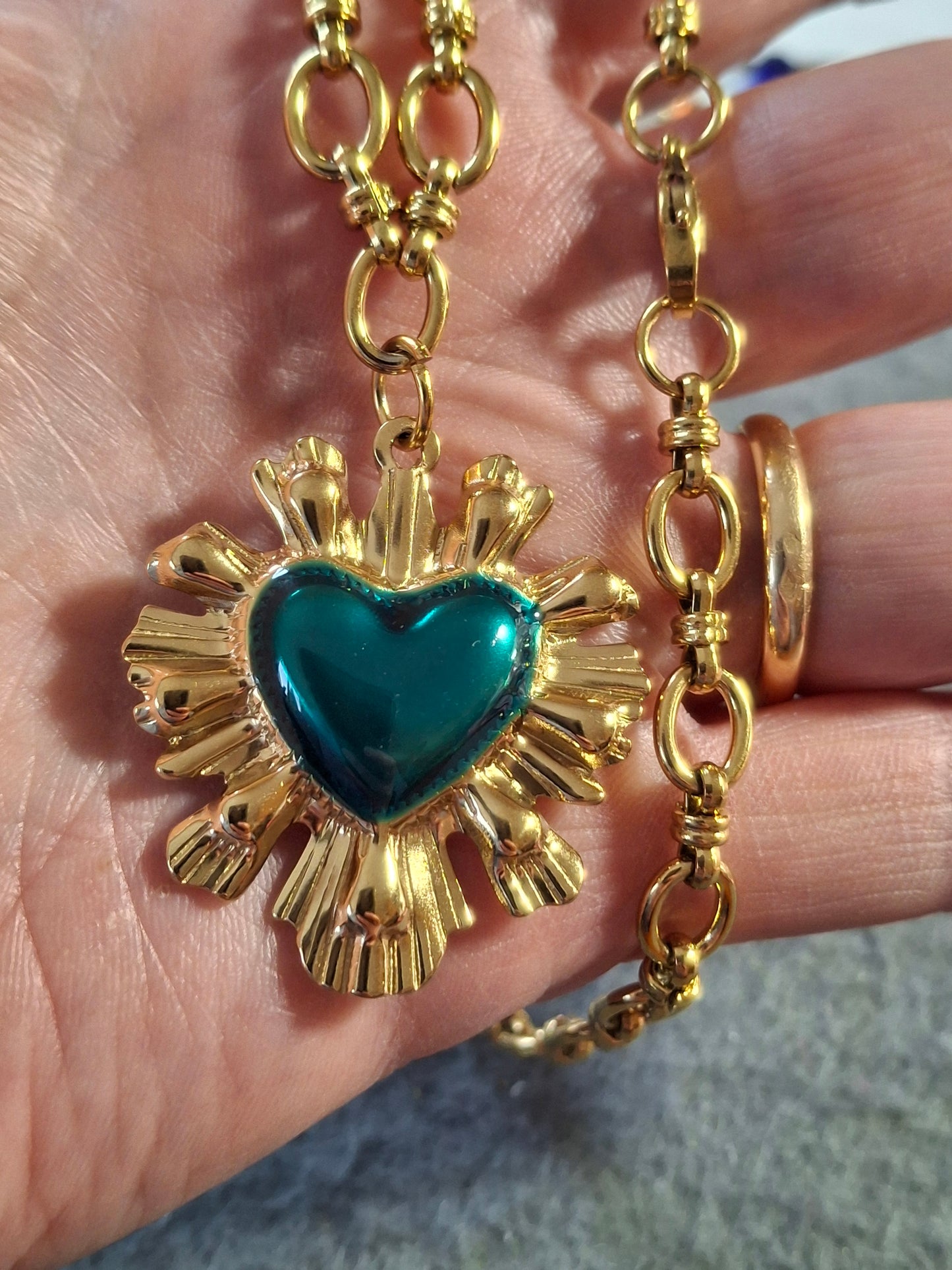 Collier chaîne maille gourmette stainless steel 316 grand cœur rétro stainless steel 316 et email coloré turquoise