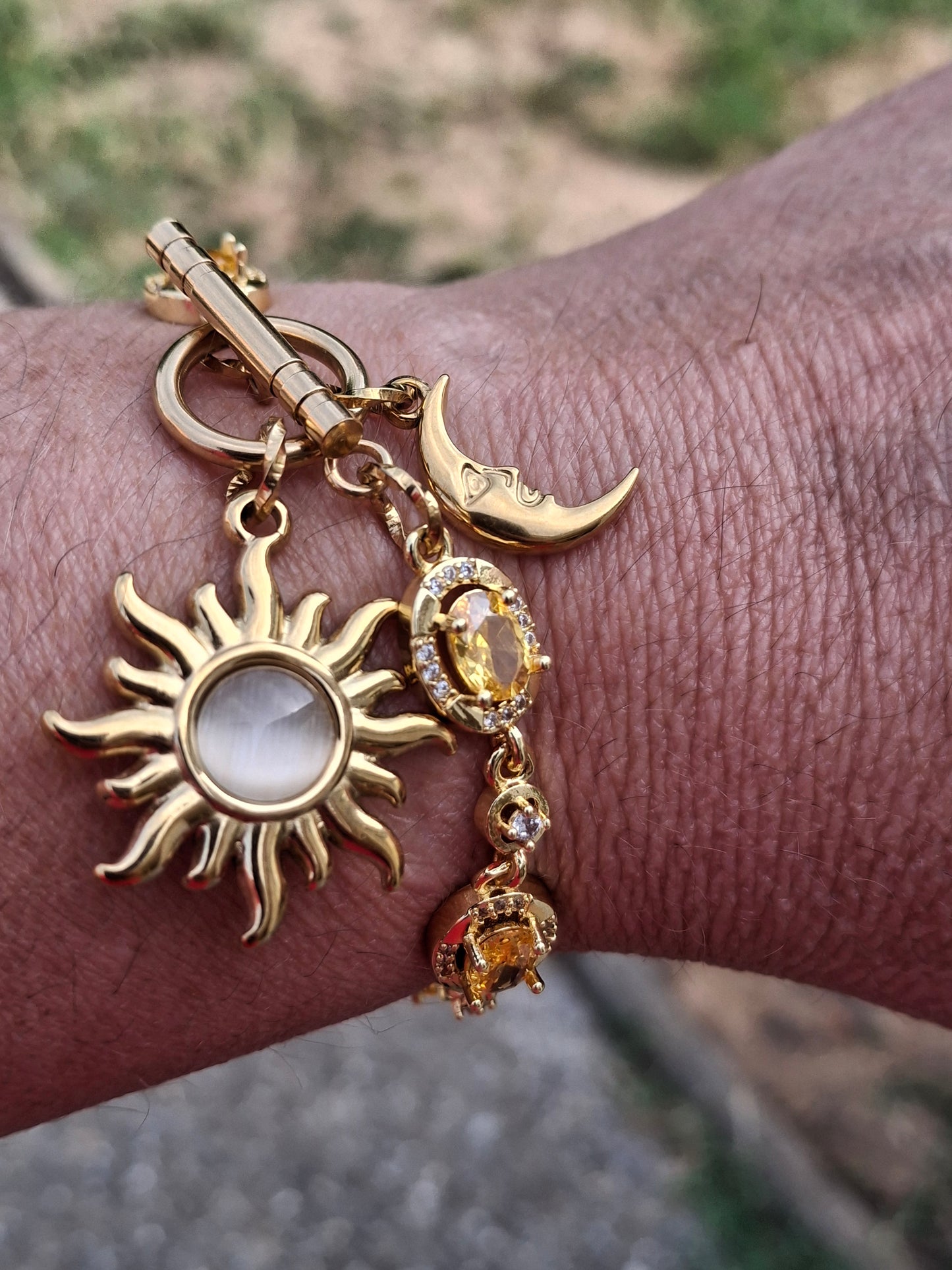 Bracelet chaîne maille gourmette stainless steel serti cristal, soleil et lune stainless steel 316 ,fermoir toggle handmade