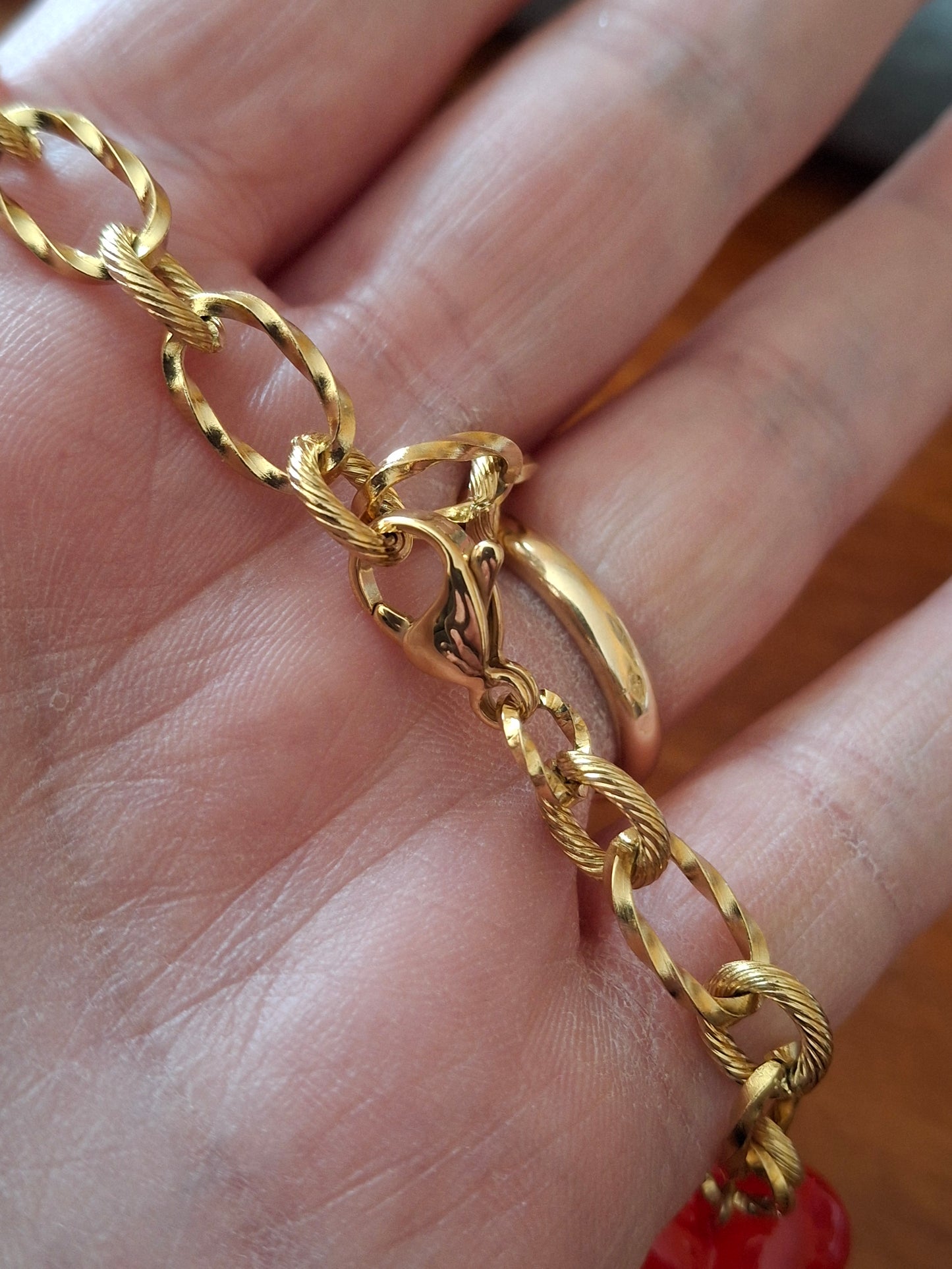 Handmade adjustable stainless steel curb chain bracelet with red acrylic heart