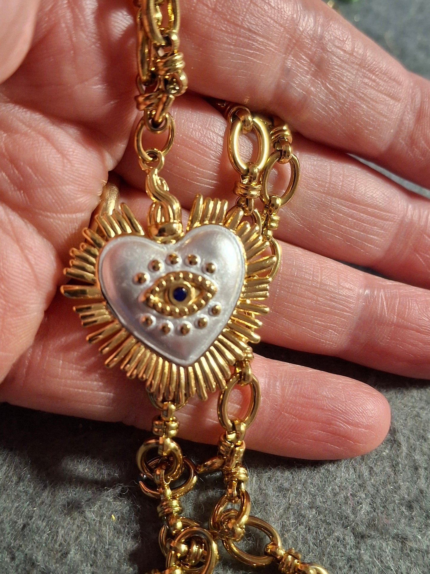 Collier chaîne maille gourmette stainless steel 316 grand cœur rétro stainless steel 316 email blanc œil de Turquie