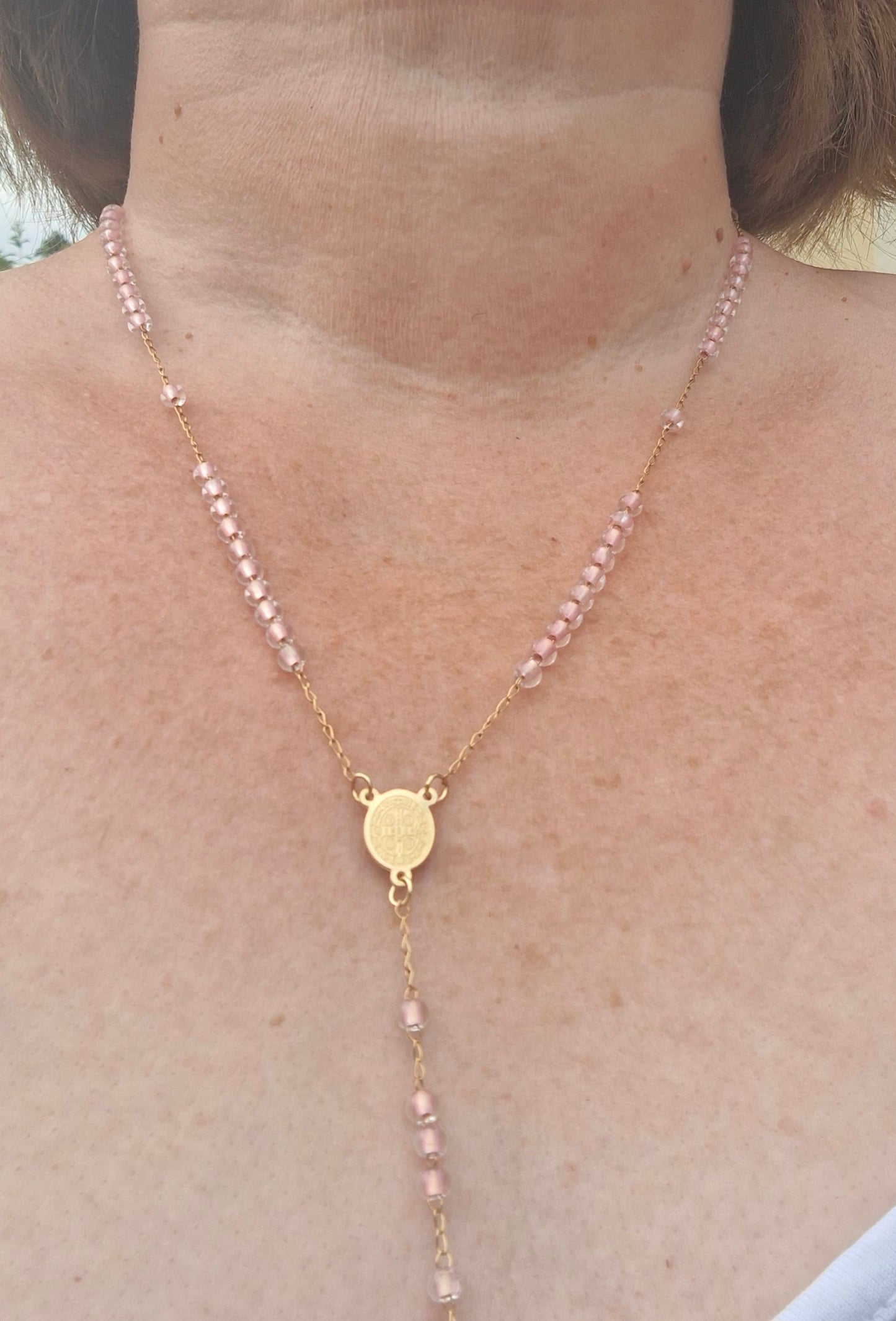 Collier chapelet acier inoxydable stainless steel 316 et perles Saint Benoît, madone, vierge miraculeuse