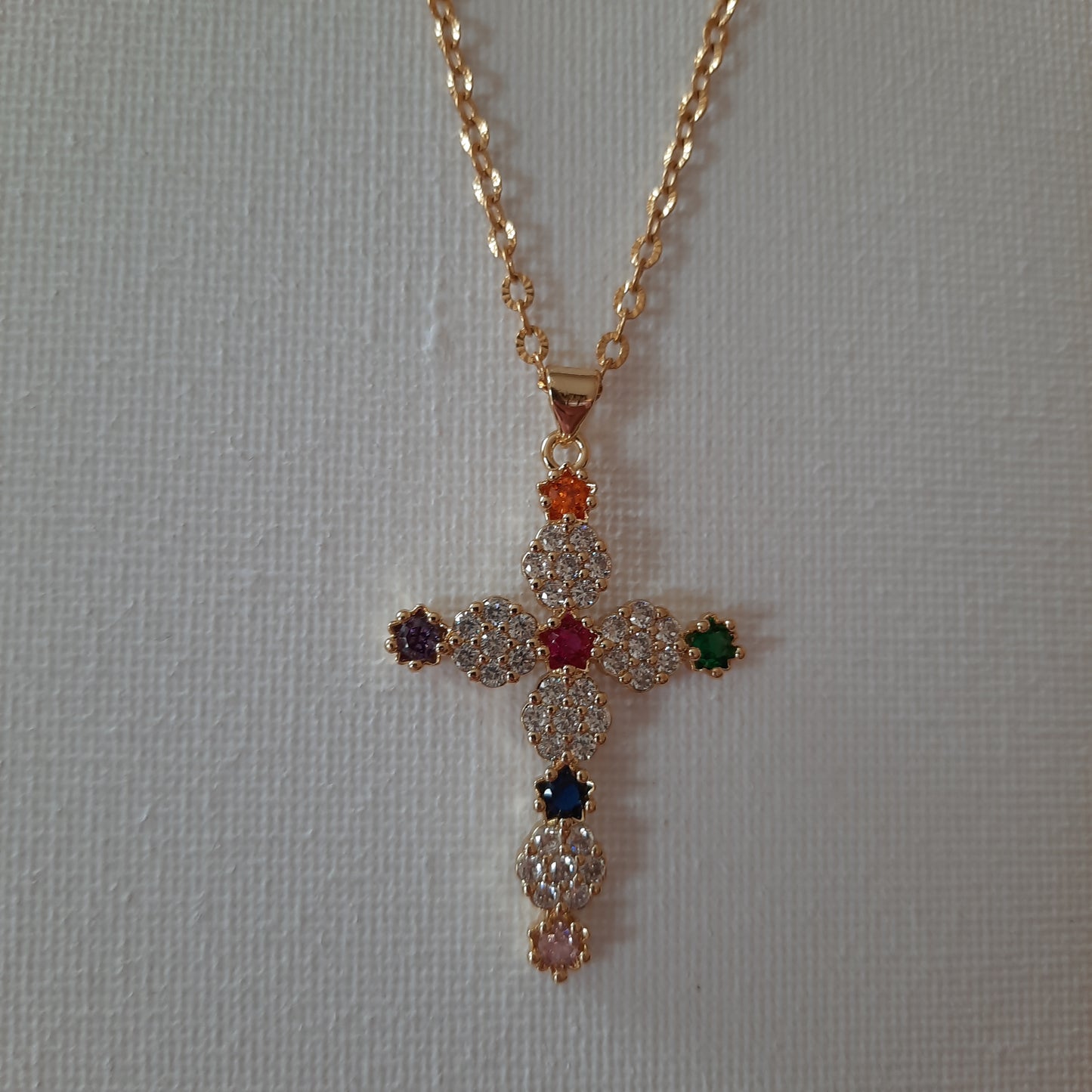 Sautoir or stainless steel 316 qualité supérieure pendentif croix plaqué or 18K serti cristal et zirconium AAA austrian handmade