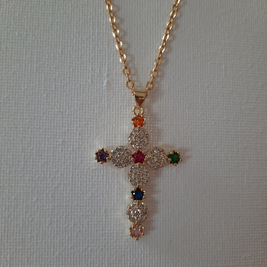 Sautoir or stainless steel 316 qualité supérieure pendentif croix plaqué or 18K serti cristal et zirconium AAA austrian handmade