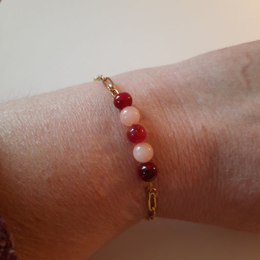 Bracelet chaîne maille trombone rectangle acier inoxydable stainless steel 316 et véritables perles naturelles œil du tigre rouge, quartz rose, trèfle steinless steel 316