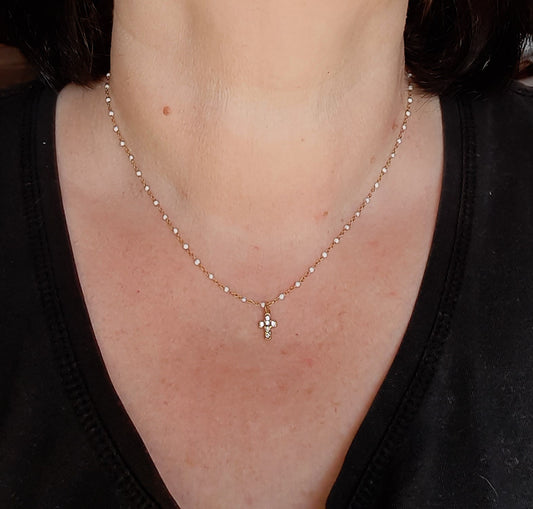 Collier stainless steel 316 pendentif croix et strass acier inoxydable réglable ajustable