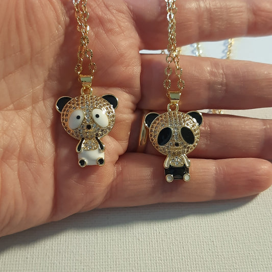 Collier chaîne dorée acier inoxydable striée stainless steel 316 ,pendentif panda plaqué or 18K serti zirconium