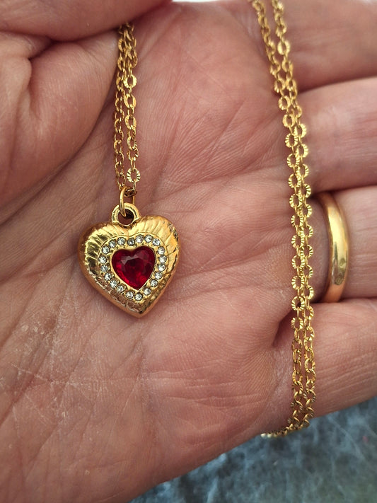 Halskette goldfarbene Edelstahlkette 316, Herzanhänger Edelstahl 316 mit Zirkonia