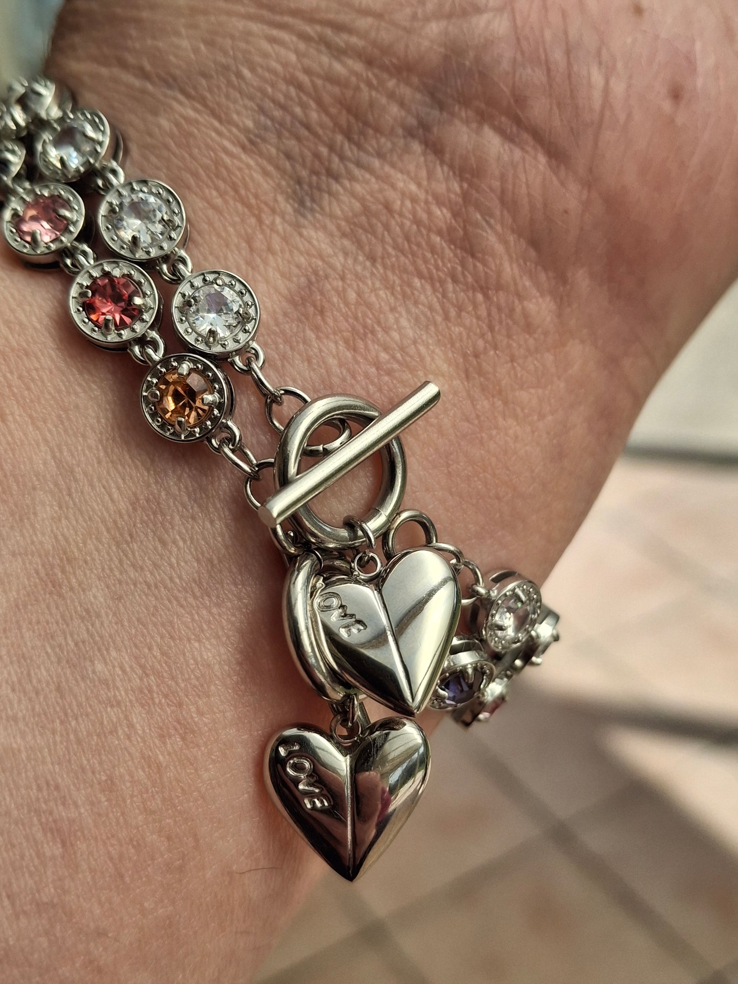 Armband sehr schöne Gliederkette, silberfarben, Edelstahl 316, mit Kristall besetzt, handgefertigt, Knebelverschluss und Herzanhänger Edelstahl 316
