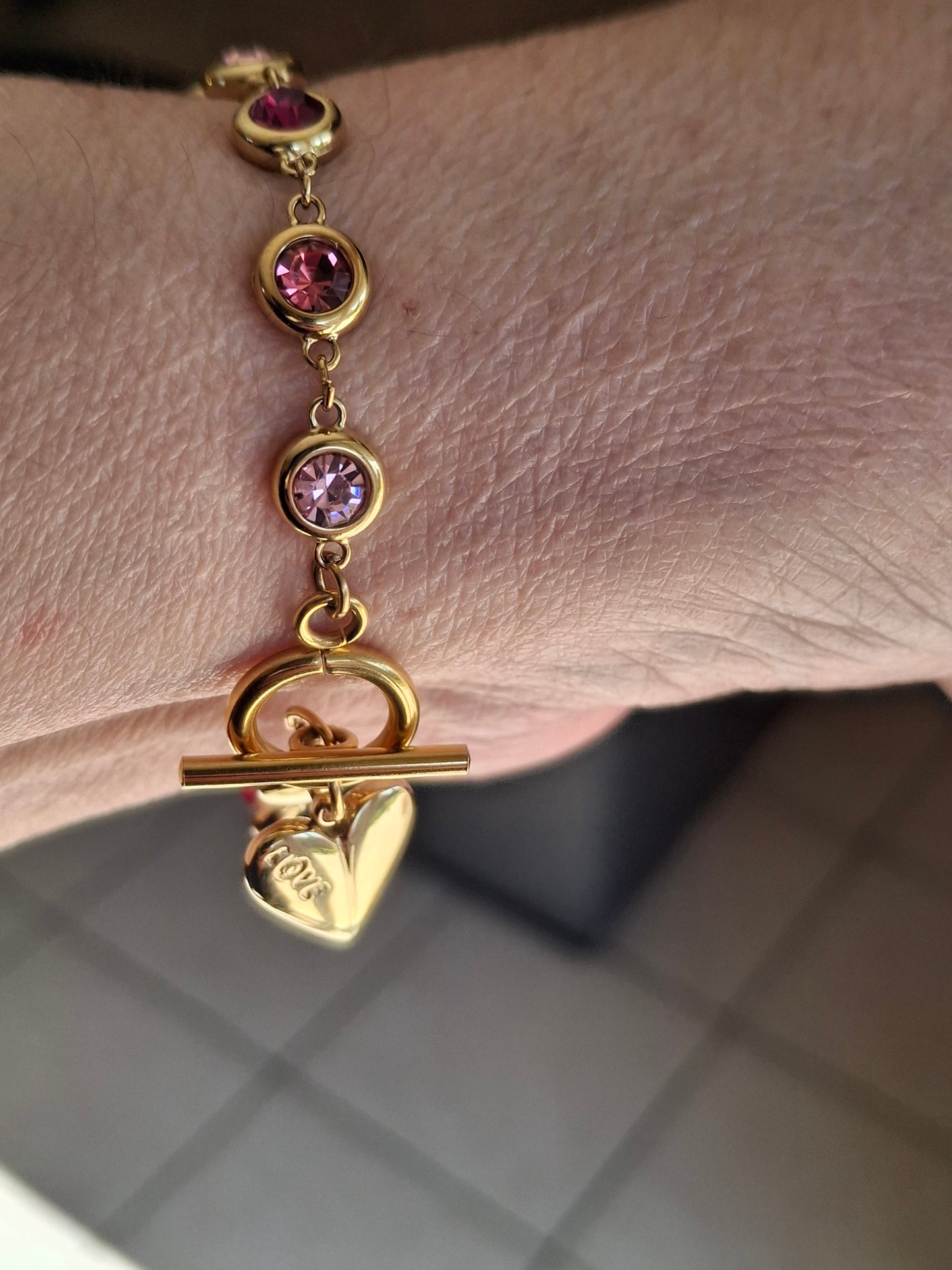 Armband, sehr schöne goldfarbene Kette, Edelstahl 316, mit Kristall besetzt, Knebelverschluss, Herzanhänger, Edelstahl 316