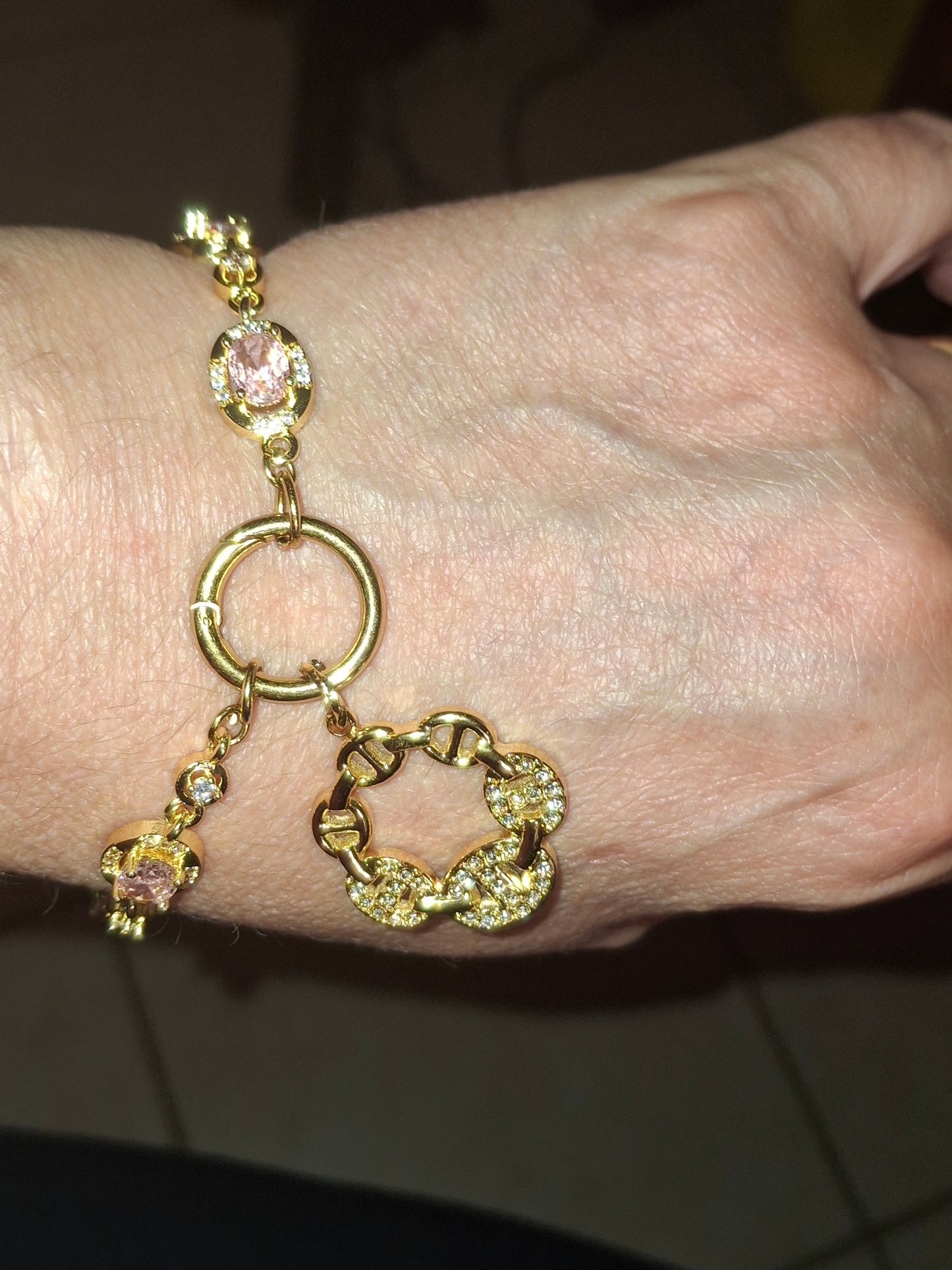 Armband Kette Edelstahl mit Kristall- und Zirkonia-Besatz Karabinerverschluss und polierter Edelstahl-Ankerkettenanhänger mit Zirkonia-Besatz handgefertigt
