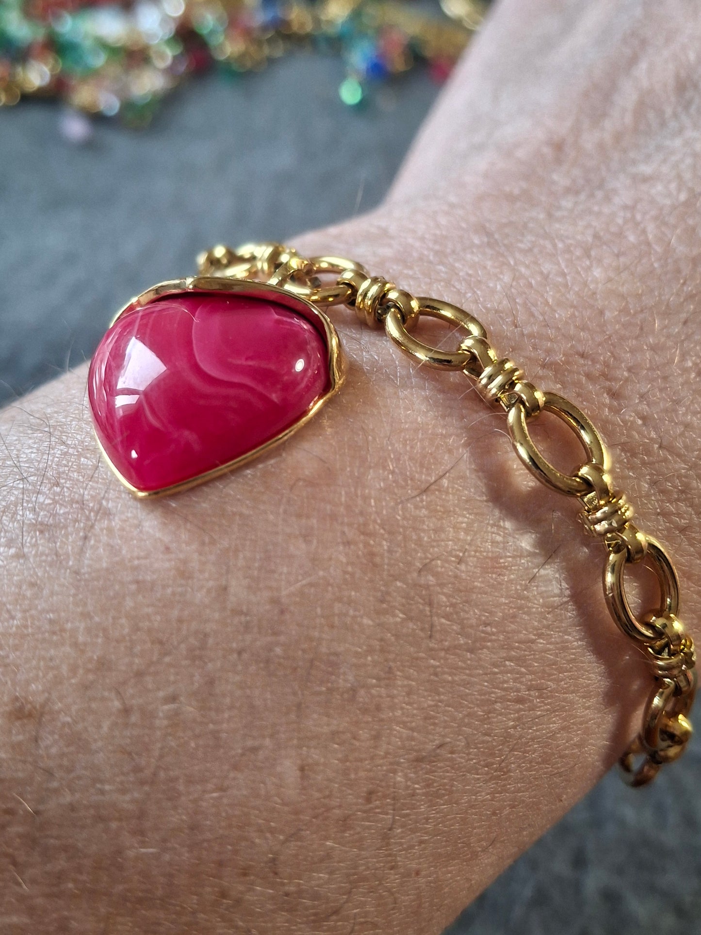 Bracelet chaîne maille gourmette acier inoxydable stainless steel 316 sur mesure grand cœur stainless steel 316 et résine colorée