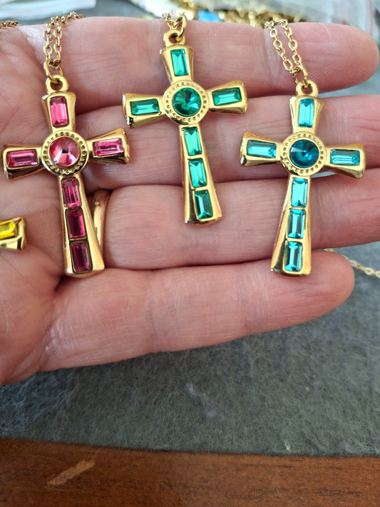 Gold-plated stainless steel 316 chain necklace, stainless steel cross pendant and 18K gold-plated rhinestones
