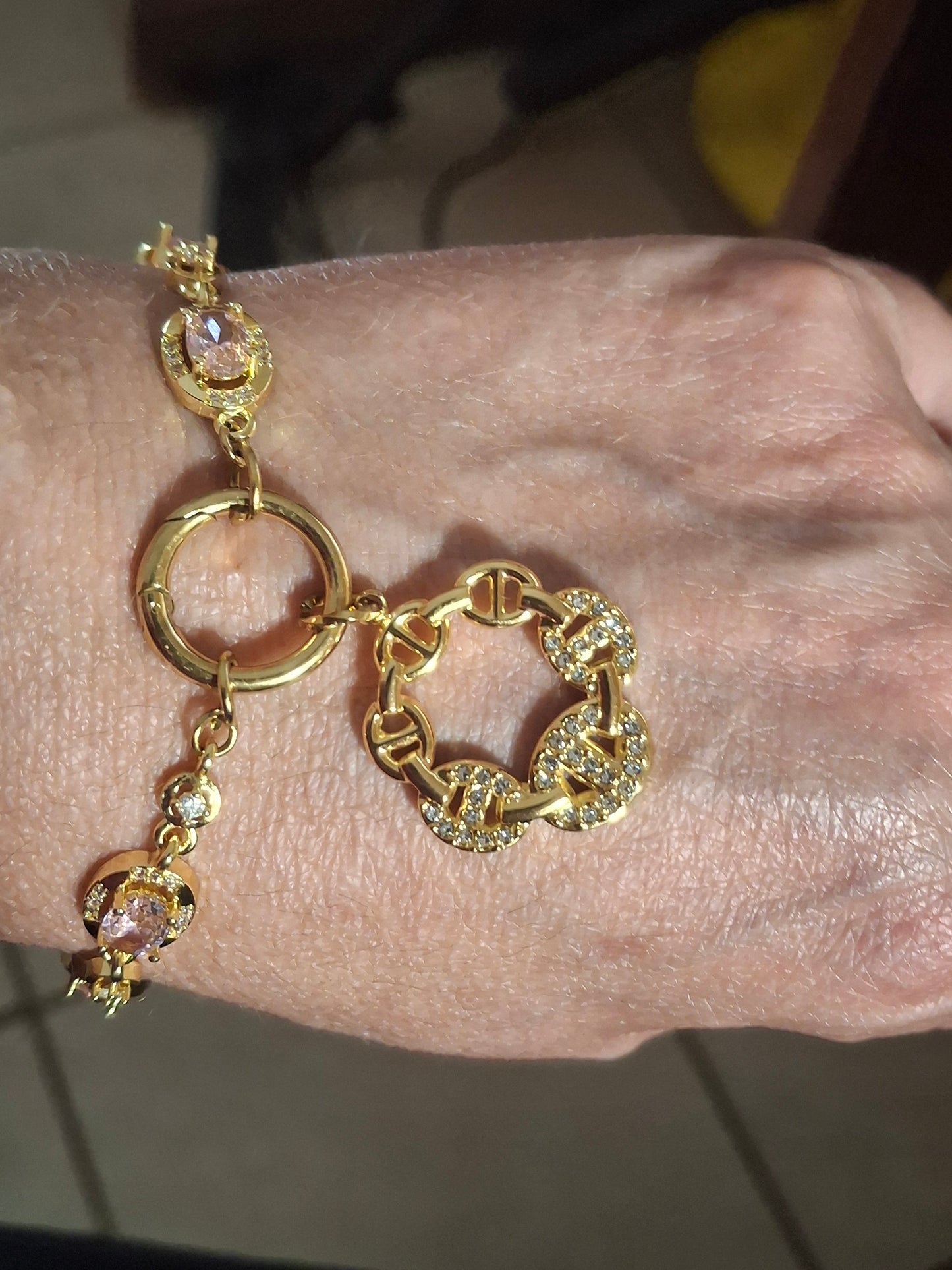 Armband Kette Edelstahl mit Kristall- und Zirkonia-Besatz Karabinerverschluss und polierter Edelstahl-Ankerkettenanhänger mit Zirkonia-Besatz handgefertigt