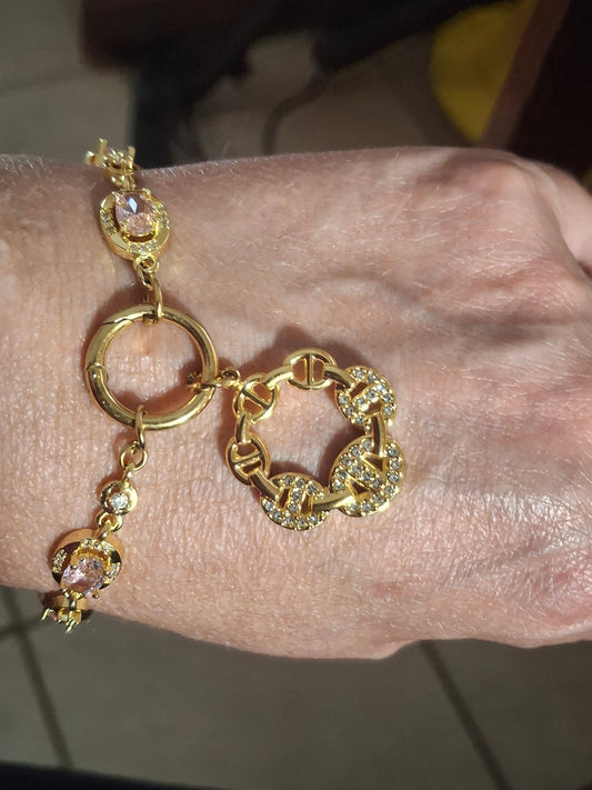 Armband Kette Edelstahl mit Kristall- und Zirkonia-Besatz Karabinerverschluss und polierter Edelstahl-Ankerkettenanhänger mit Zirkonia-Besatz handgefertigt