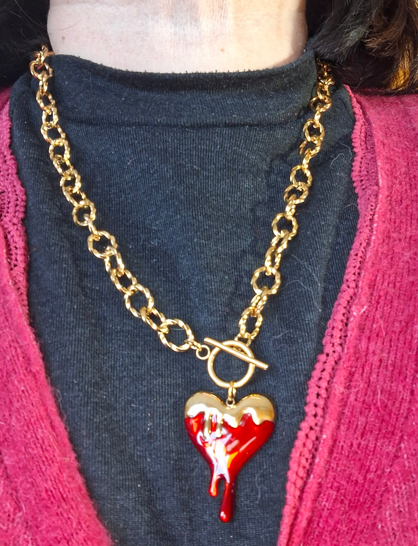 Collier chaîne dorée acier inoxydable stainless steel grand pendentif coeur stainless steel Fermoir toggle