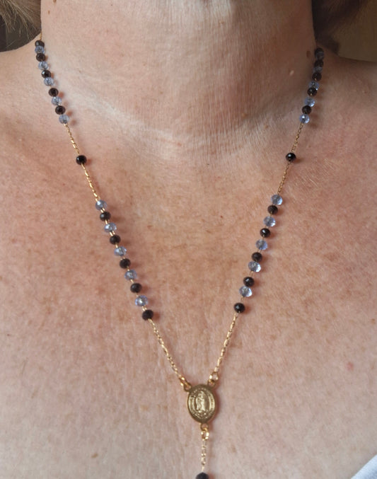 Rosenkranzkette, Lasso-Halskette aus Edelstahl 316 und Kristallperlen mit Madonna und Kreuz