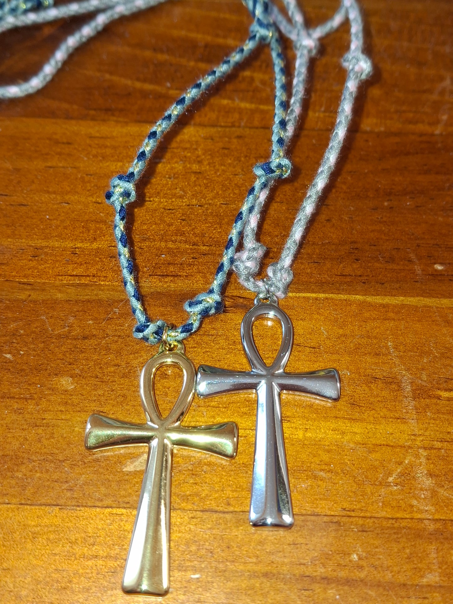 Collier cordon tressé réglable ajustable handmade Pendentif croix ANKH stainless steel 316 poli