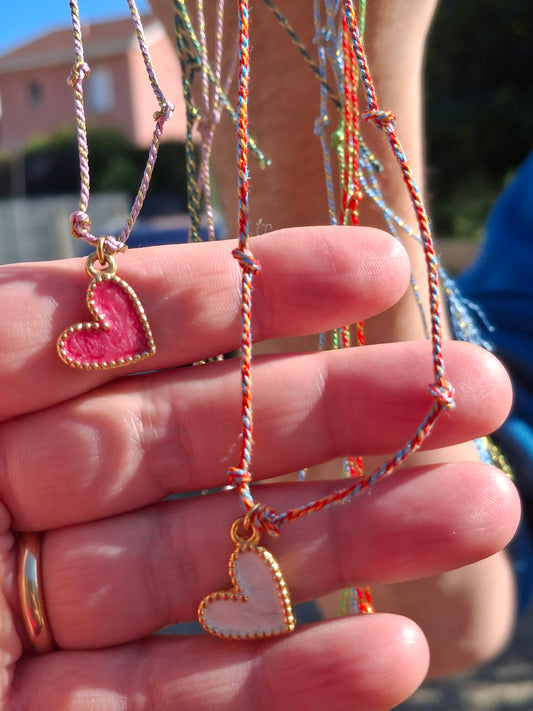Thin braided cord necklace with heart pendant, handmade gift.