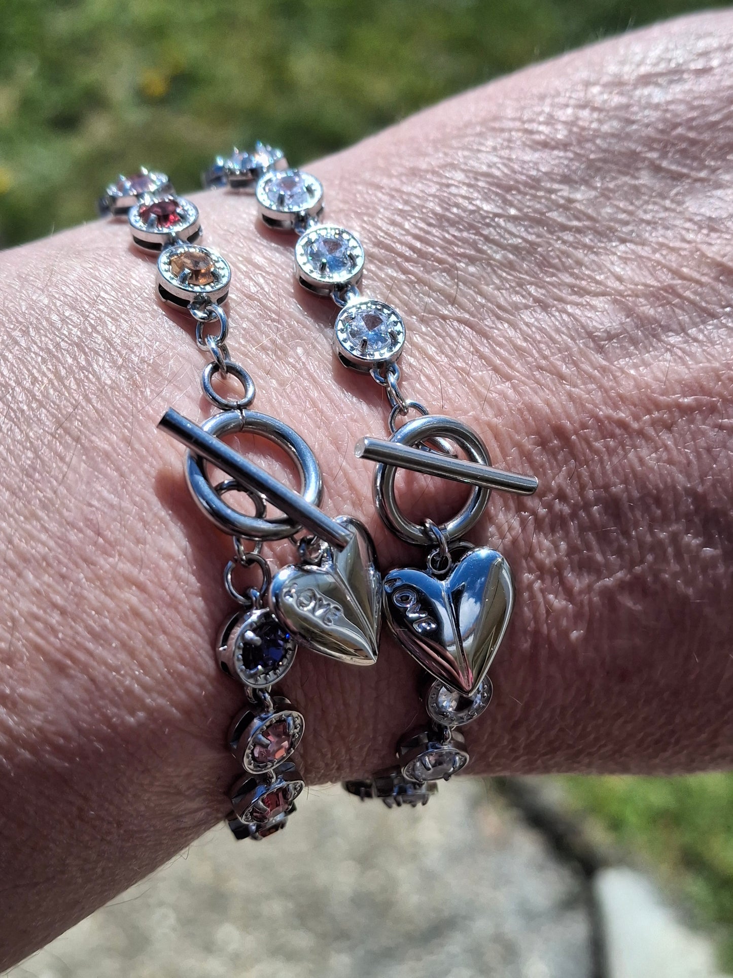 Armband sehr schöne Gliederkette, silberfarben, Edelstahl 316, mit Kristall besetzt, handgefertigt, Knebelverschluss und Herzanhänger Edelstahl 316