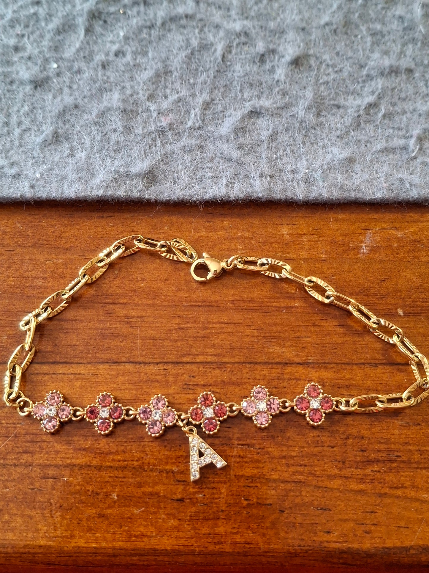 Armband Kette Edelstahl 316 Glieder mit geriffelter Panzerkette und blütenförmiger Kette mit rosafarbenem Kristallbesatz Edelstahl 316 handgefertigt verstellbar