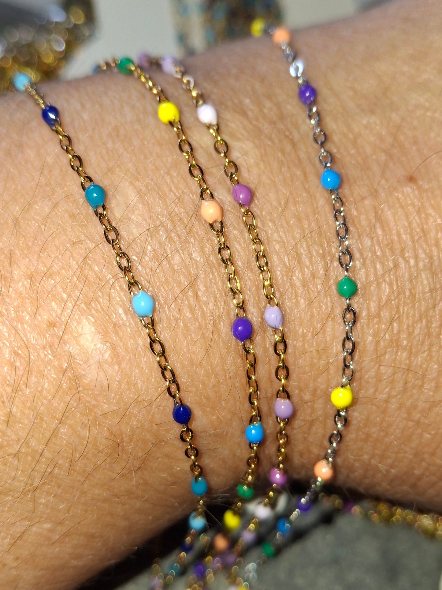 Bracelet chaîne acier inoxydable stainless steel 316 et perles en email coloré longueur sur mesure