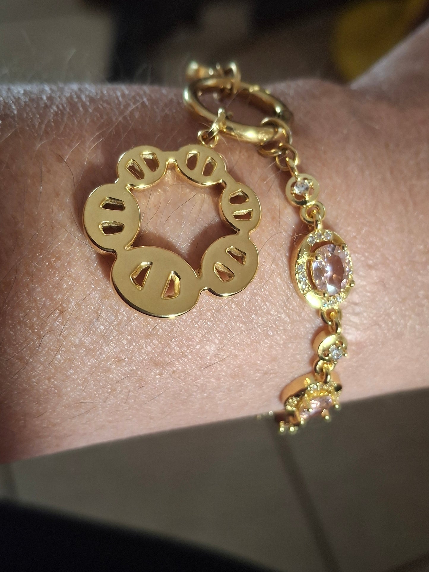Armband Kette Edelstahl mit Kristall- und Zirkonia-Besatz Karabinerverschluss und polierter Edelstahl-Ankerkettenanhänger mit Zirkonia-Besatz handgefertigt