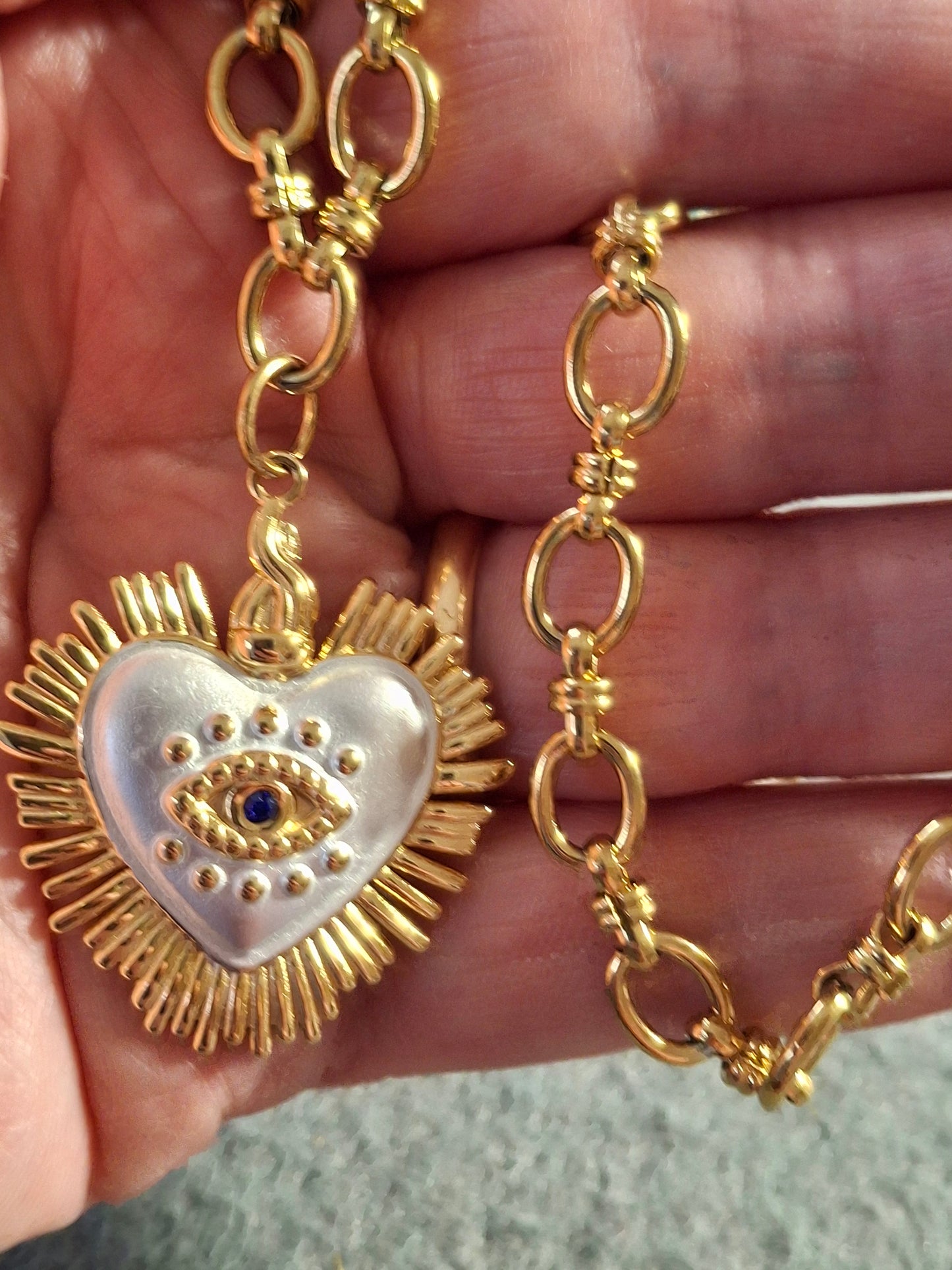 Collier chaîne maille gourmette stainless steel 316 grand cœur rétro stainless steel 316 email blanc œil de Turquie