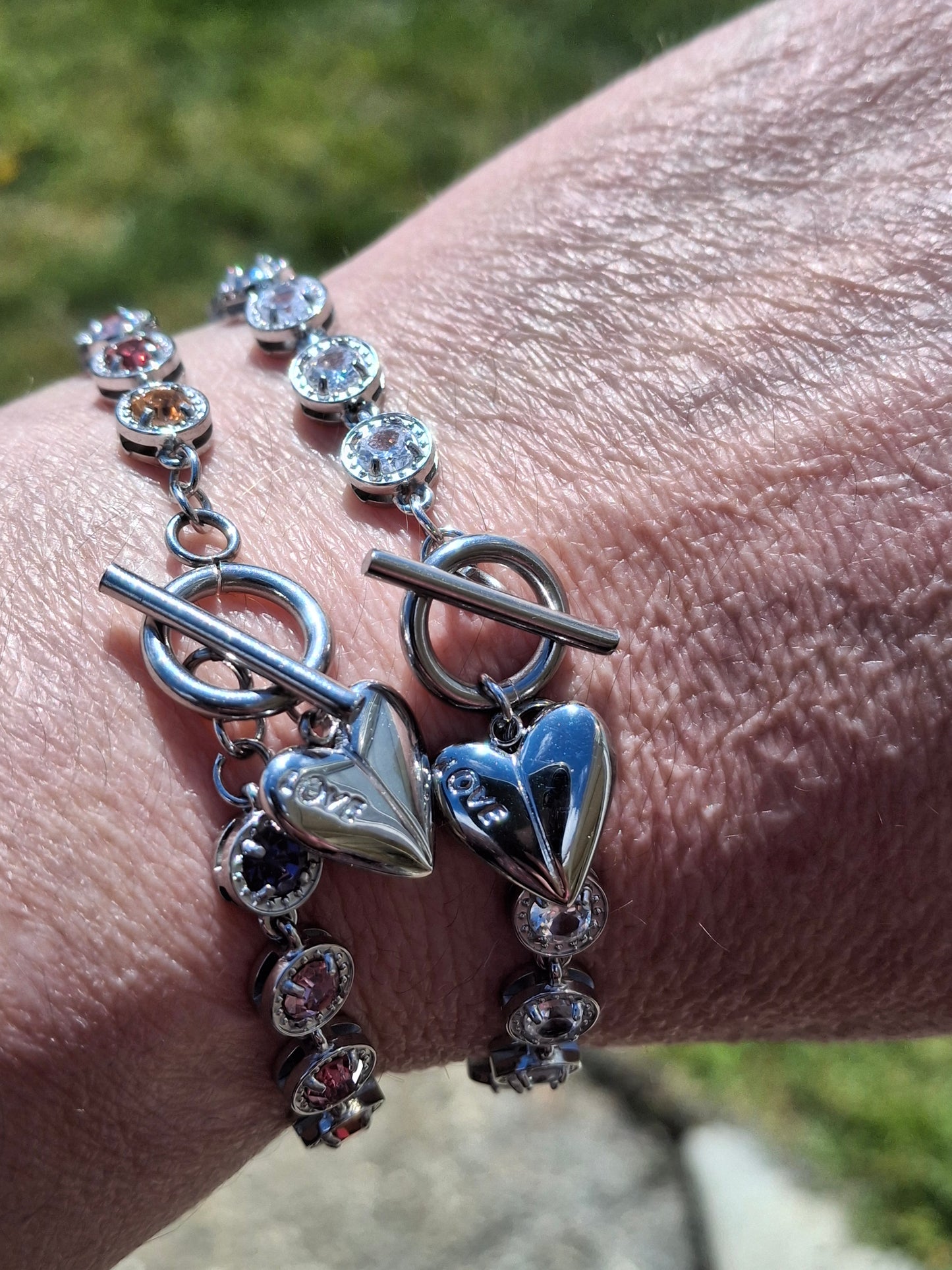 Armband sehr schöne Gliederkette, silberfarben, Edelstahl 316, mit Kristall besetzt, handgefertigt, Knebelverschluss und Herzanhänger Edelstahl 316