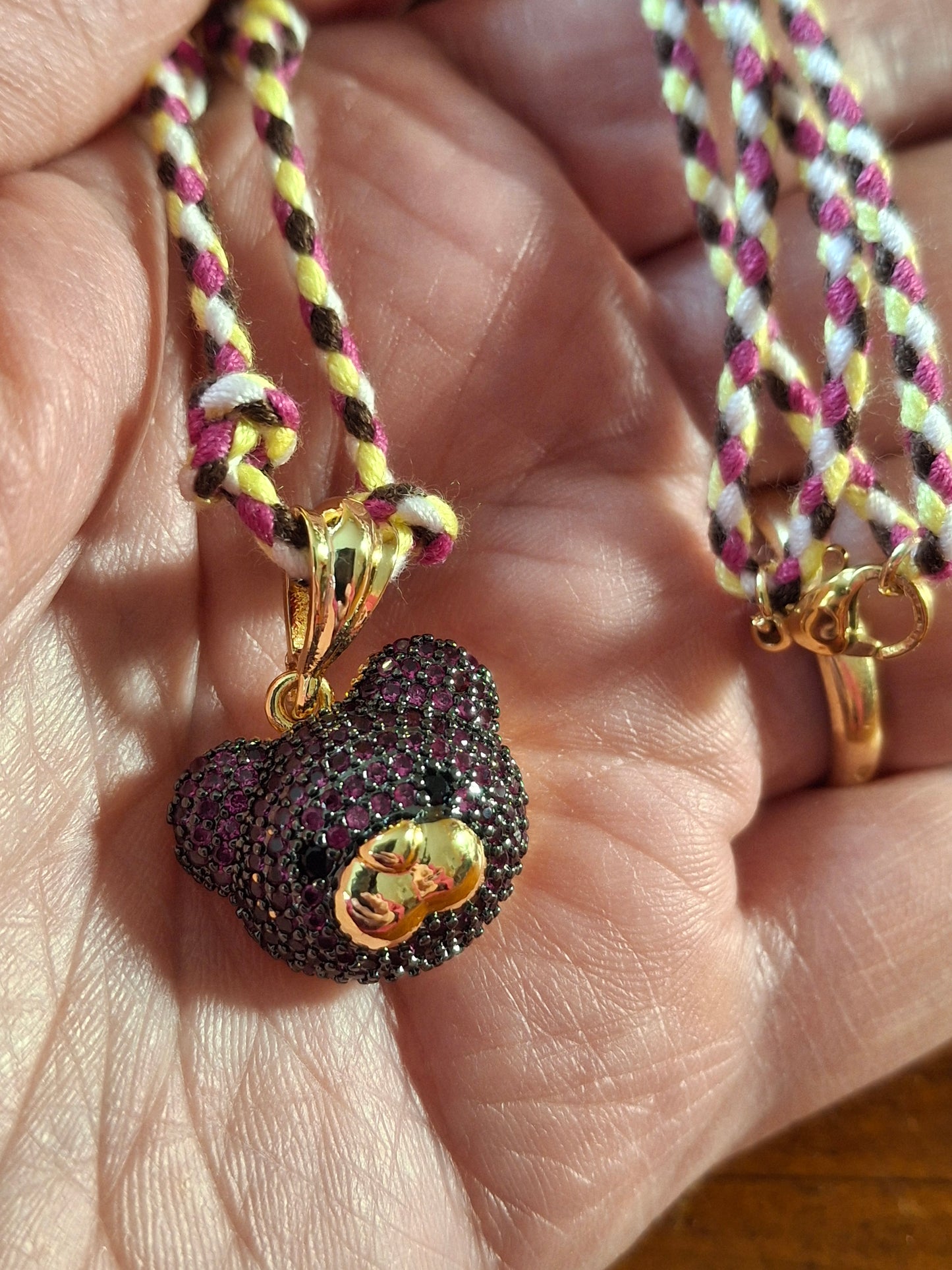 Collier cordon tressé réglable ajustable ourson plaqué or 18K serti zirconium AAA handmade