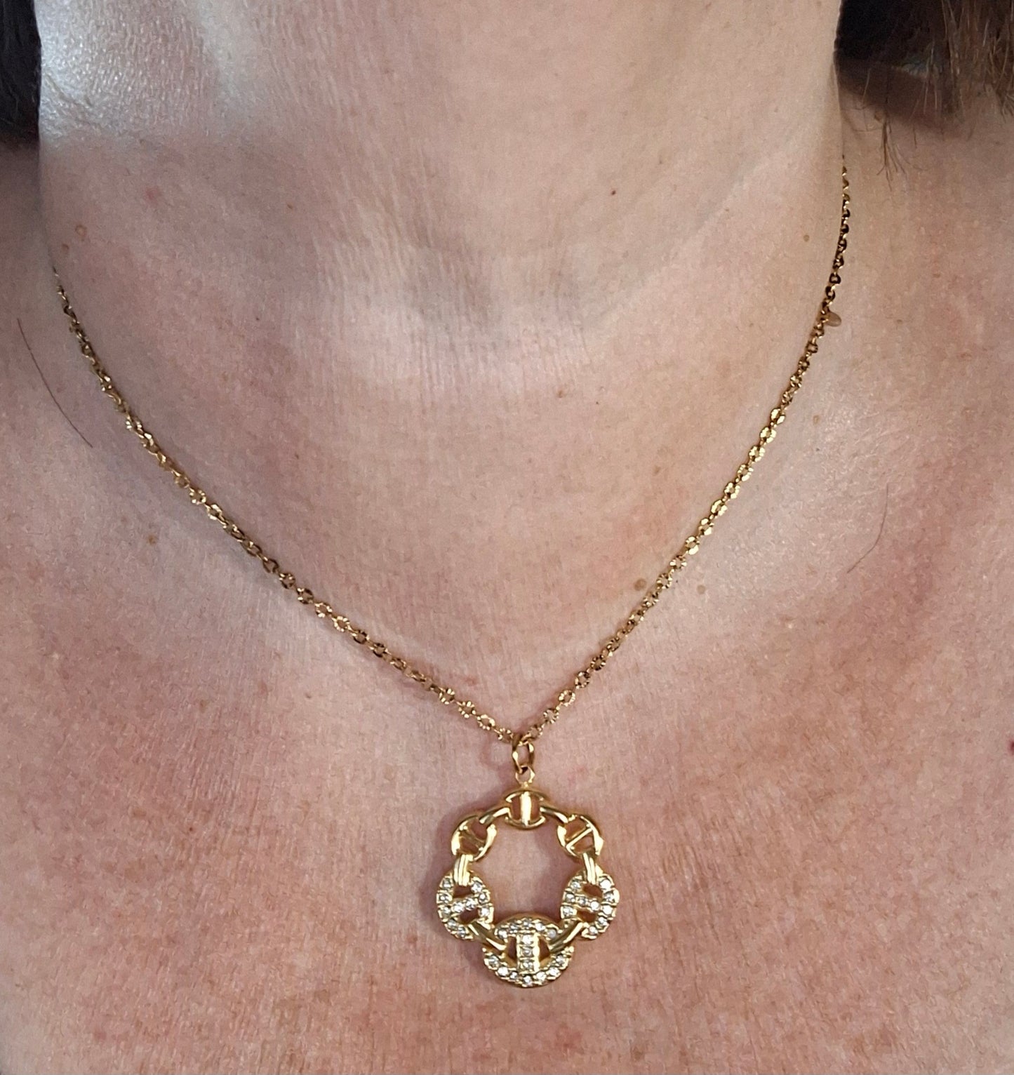Collier chaîne dorée acier inoxydable stainless steel 316 ,pendentif maille marine serti zirconium stainless steel 316