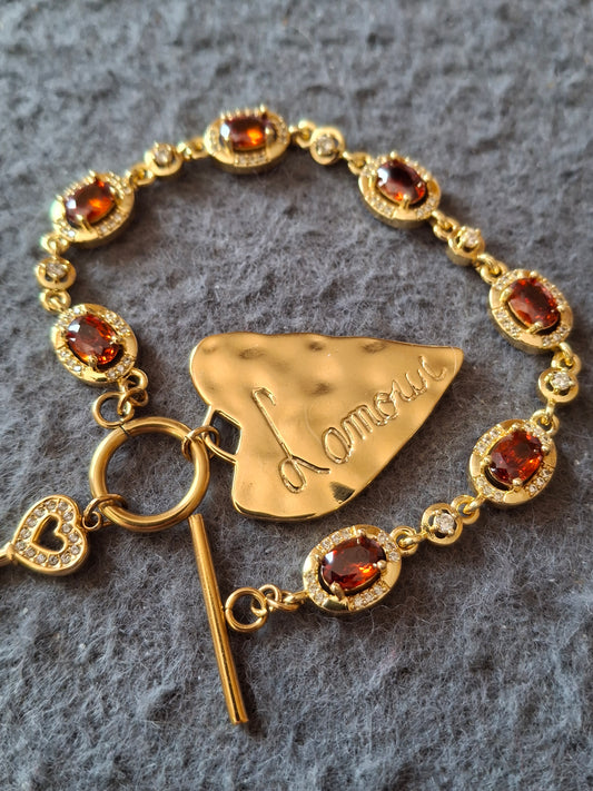Bracelet maille gourmette stainless steel serti cristal rouge/ orange, grand cœur et clef stainless steel 316 fermoir toggle handmade