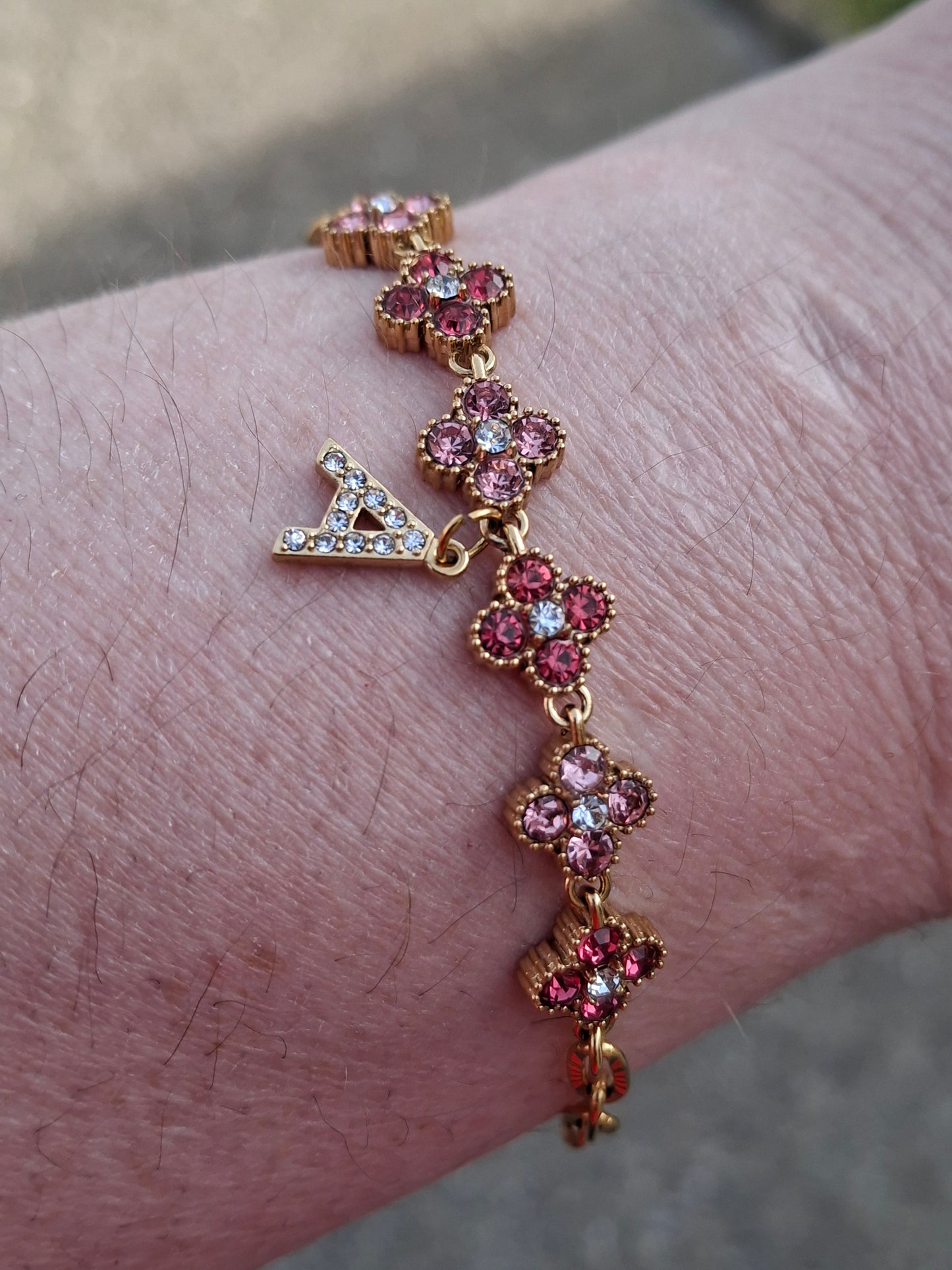 Armband Kette Edelstahl 316 Glieder mit geriffelter Panzerkette und blütenförmiger Kette mit rosafarbenem Kristallbesatz Edelstahl 316 handgefertigt verstellbar