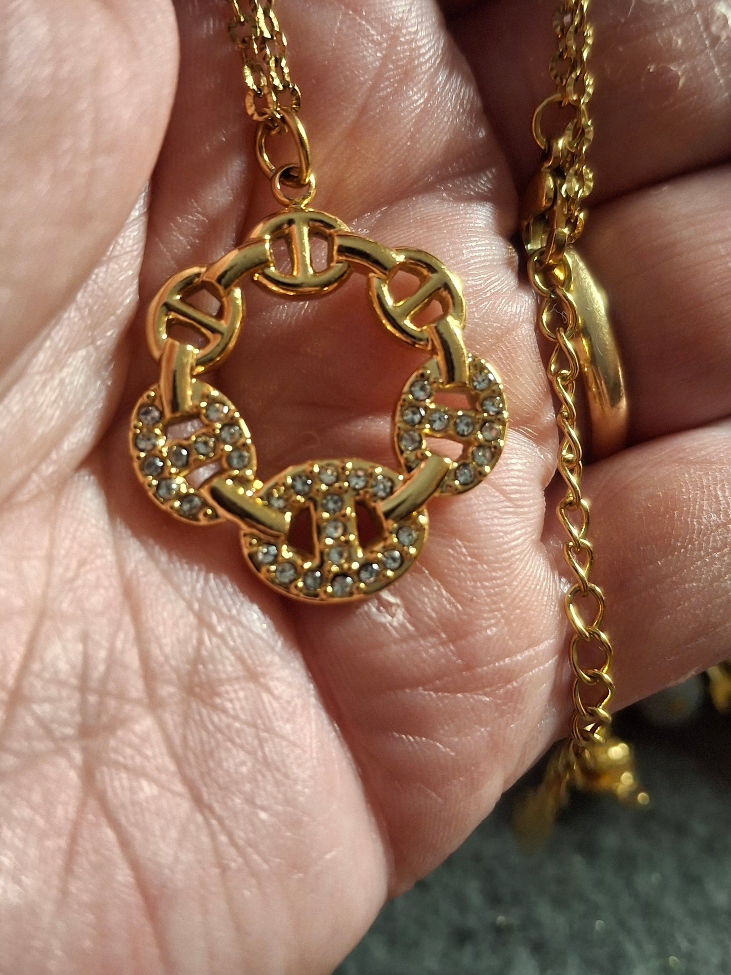 Collier chaîne dorée acier inoxydable stainless steel 316 ,pendentif maille marine serti zirconium stainless steel 316