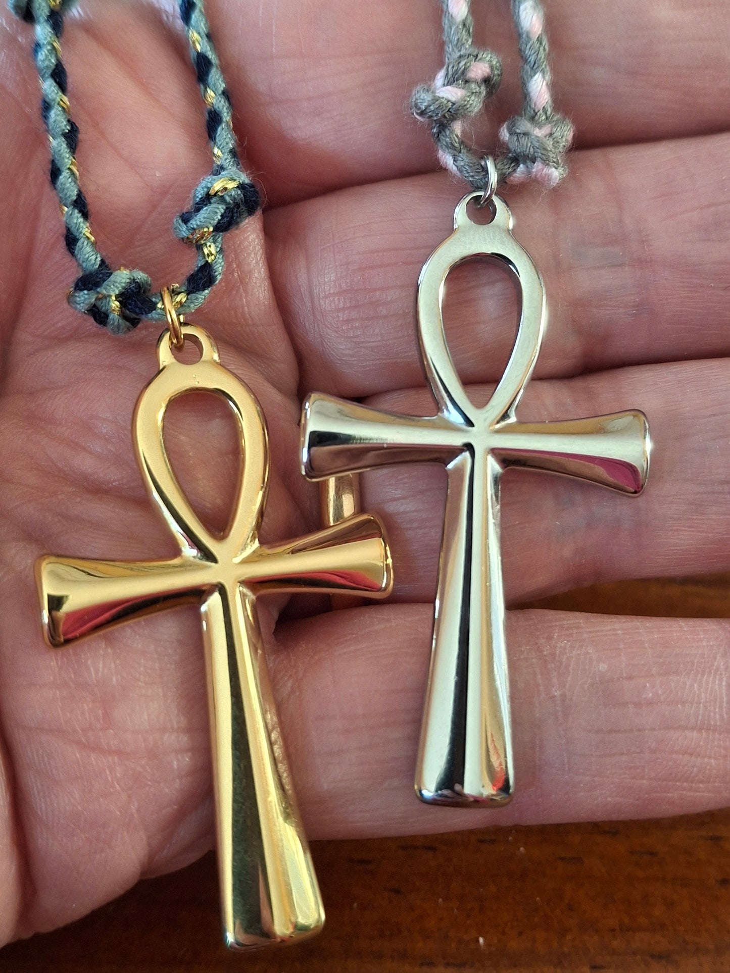 Collier cordon tressé réglable ajustable handmade Pendentif croix ANKH stainless steel 316 poli