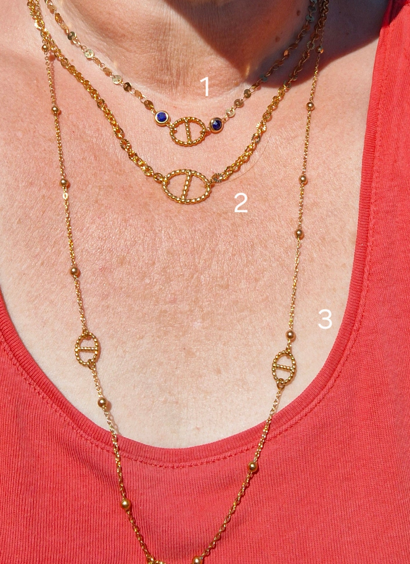 Ensemble 3 colliers acier inoxydable stainless steel 316 et maille marine, nez de cochon handmade