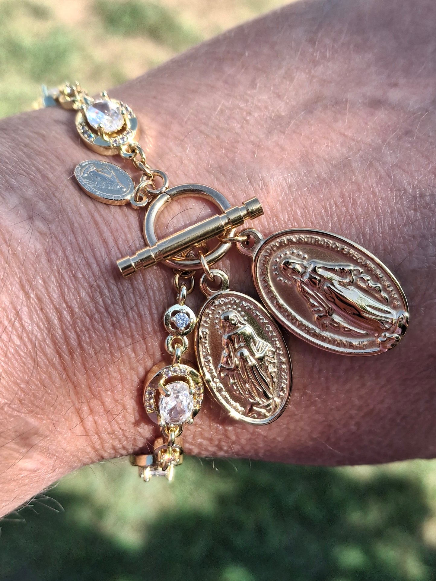 Bracelet maille gourmette stainless steel cristal fermoir toggle médaille madone stainless steel 316 poli handmade