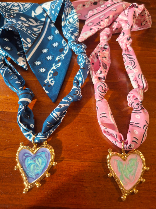 Necklace scarf bandana large heart pendant 316 stainless steel and colored enamel adjustable