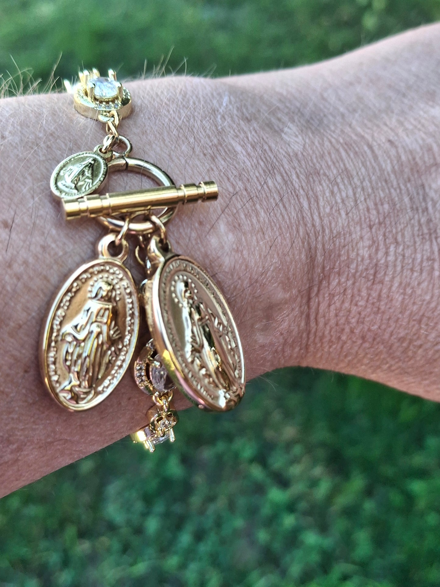 Bracelet maille gourmette stainless steel cristal fermoir toggle médaille madone stainless steel 316 poli handmade