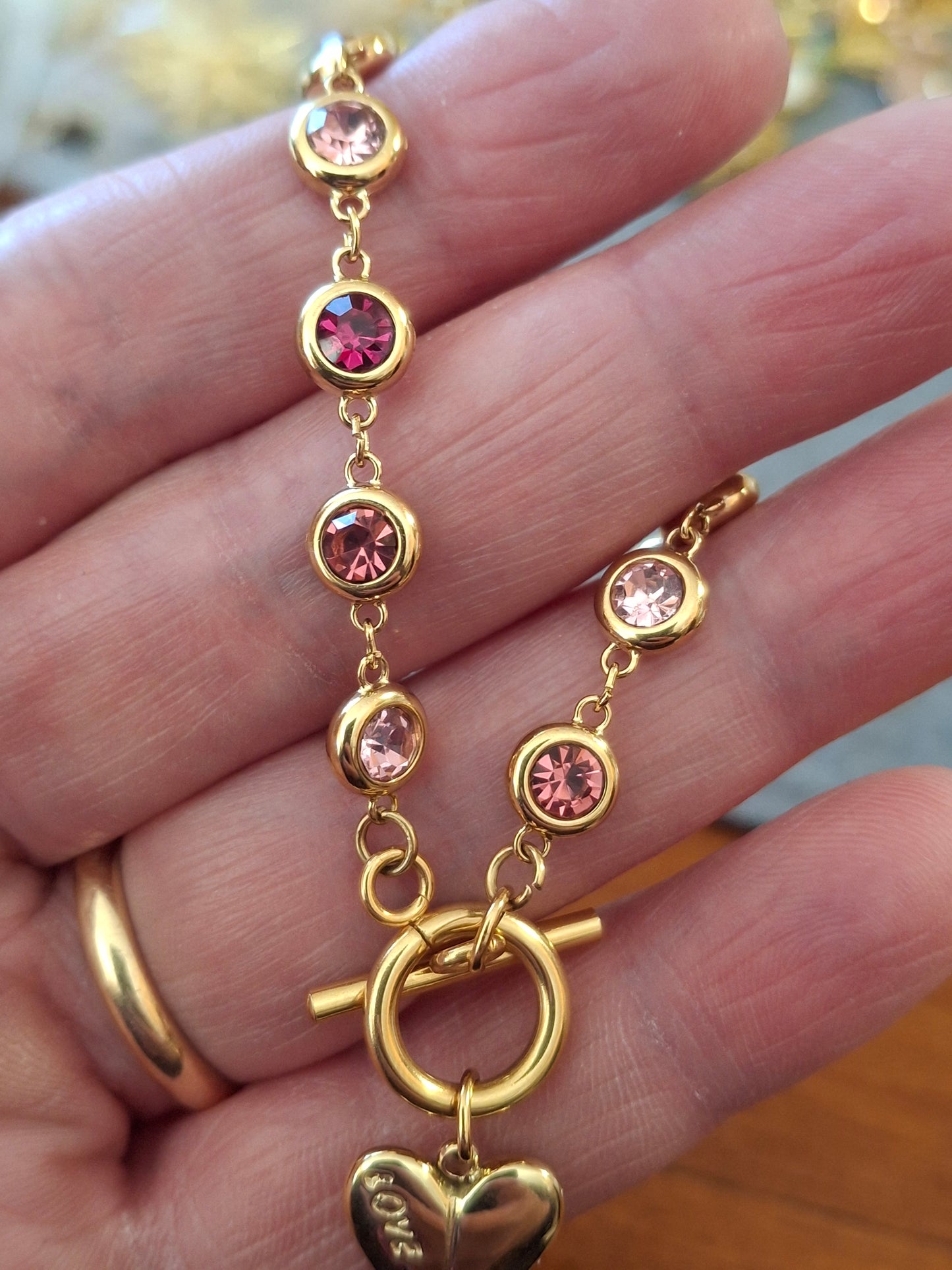Armband, sehr schöne goldfarbene Kette, Edelstahl 316, mit Kristall besetzt, Knebelverschluss, Herzanhänger, Edelstahl 316