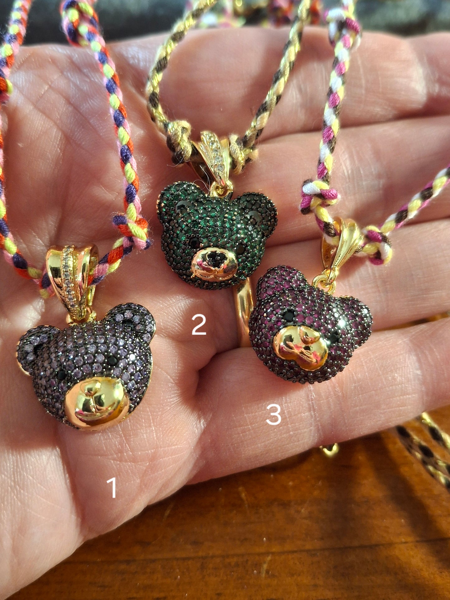 Collier cordon tressé réglable ajustable ourson plaqué or 18K serti zirconium AAA handmade