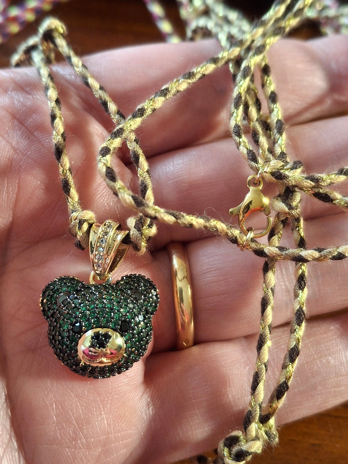 Collier cordon tressé réglable ajustable ourson plaqué or 18K serti zirconium AAA handmade