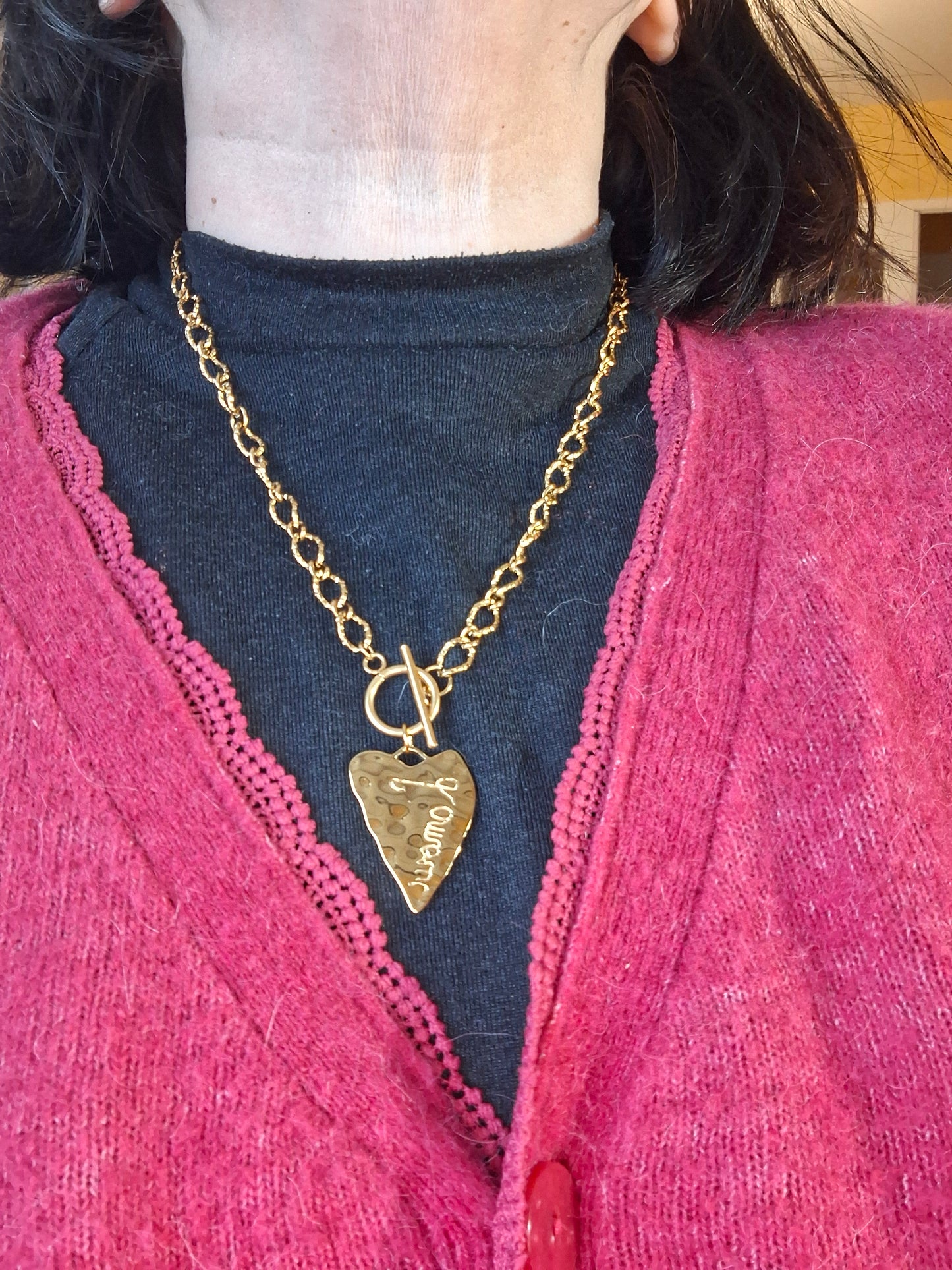 Collier chaîne acier inoxydable stainless steel grand pendentif coeur stainless steel et grand fermoir toggle