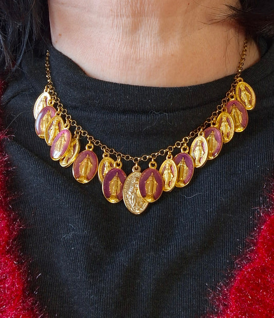 Collier chaîne rolo acier inoxydable stainless steel plaqué or 18K breloques madone handmade réglable