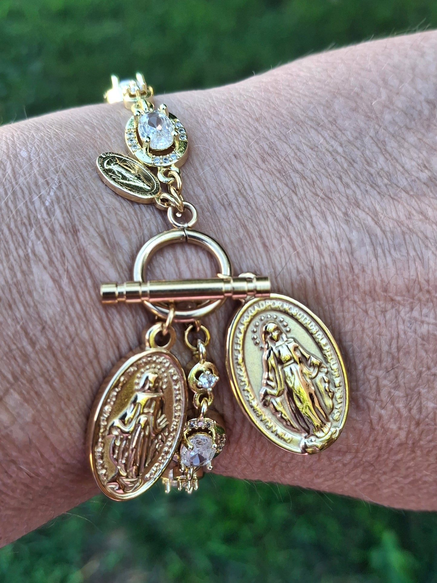 Bracelet maille gourmette stainless steel cristal fermoir toggle médaille madone stainless steel 316 poli handmade