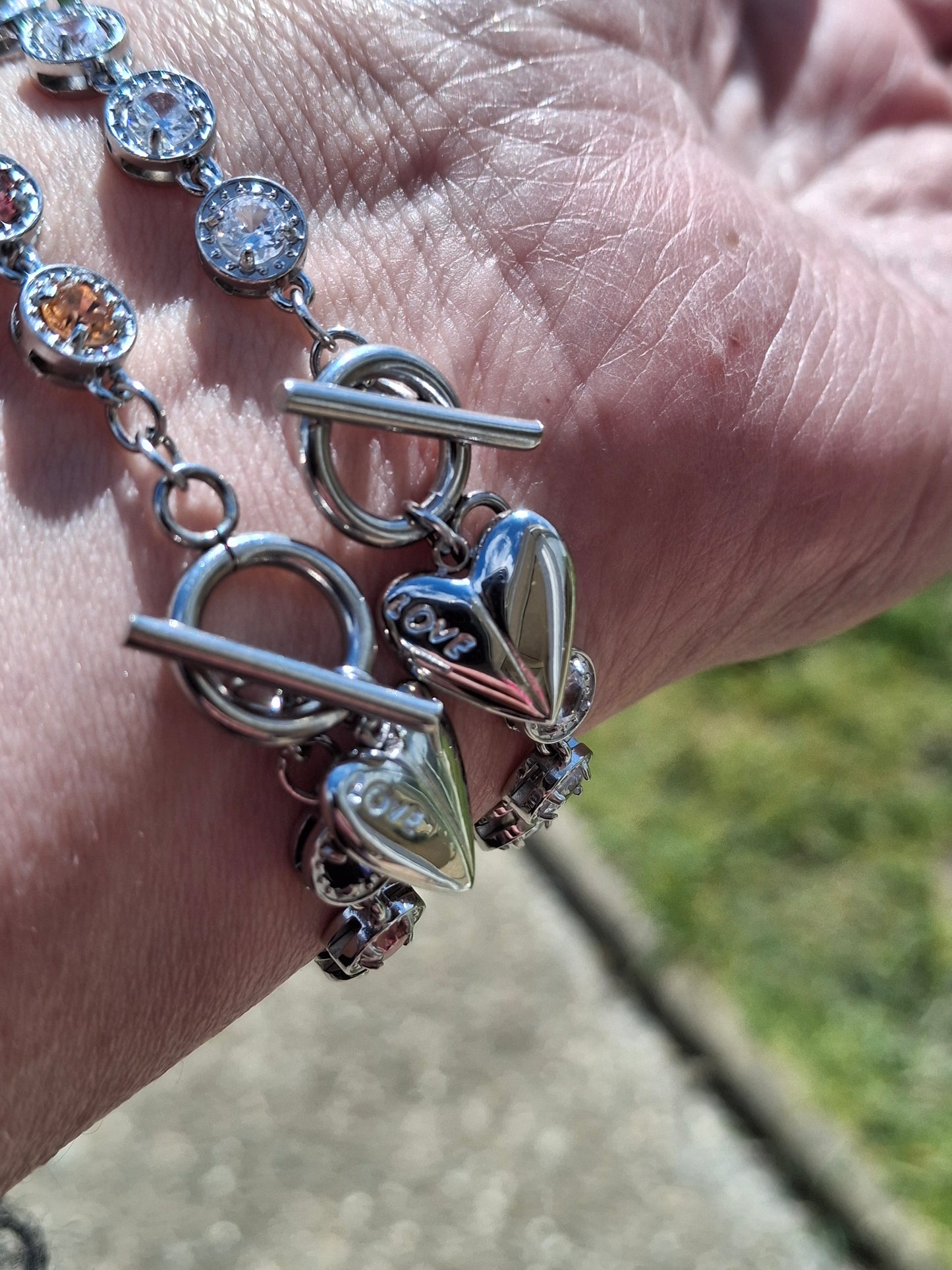 Armband sehr schöne Gliederkette, silberfarben, Edelstahl 316, mit Kristall besetzt, handgefertigt, Knebelverschluss und Herzanhänger Edelstahl 316