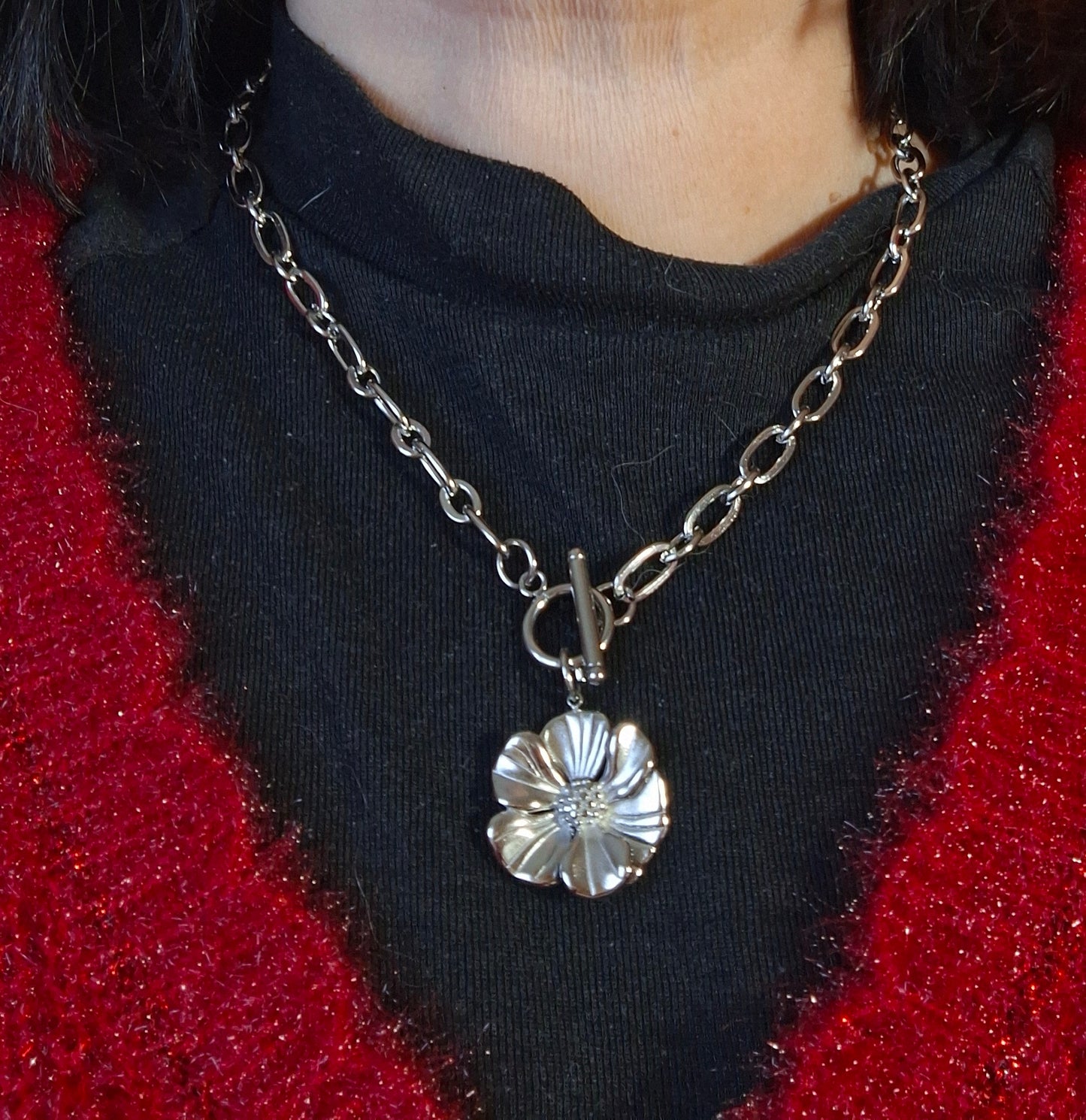 Collier chaîne acier inoxydable stainless steel 316 rhodié maille gourmette pendentif fermoir toggle