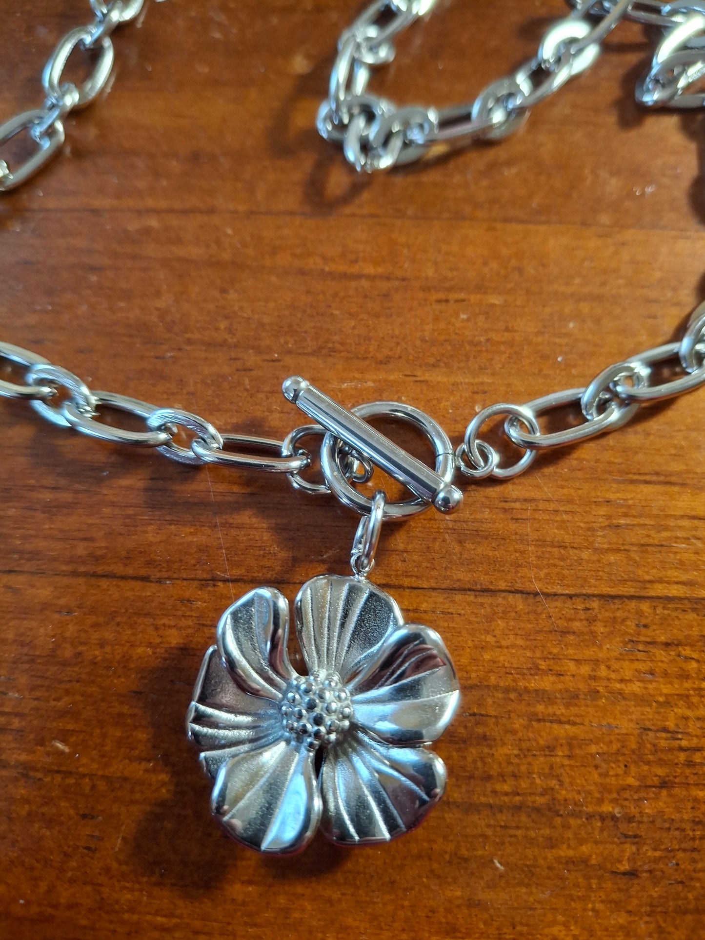 Collier chaîne acier inoxydable stainless steel 316 rhodié maille gourmette pendentif fermoir toggle