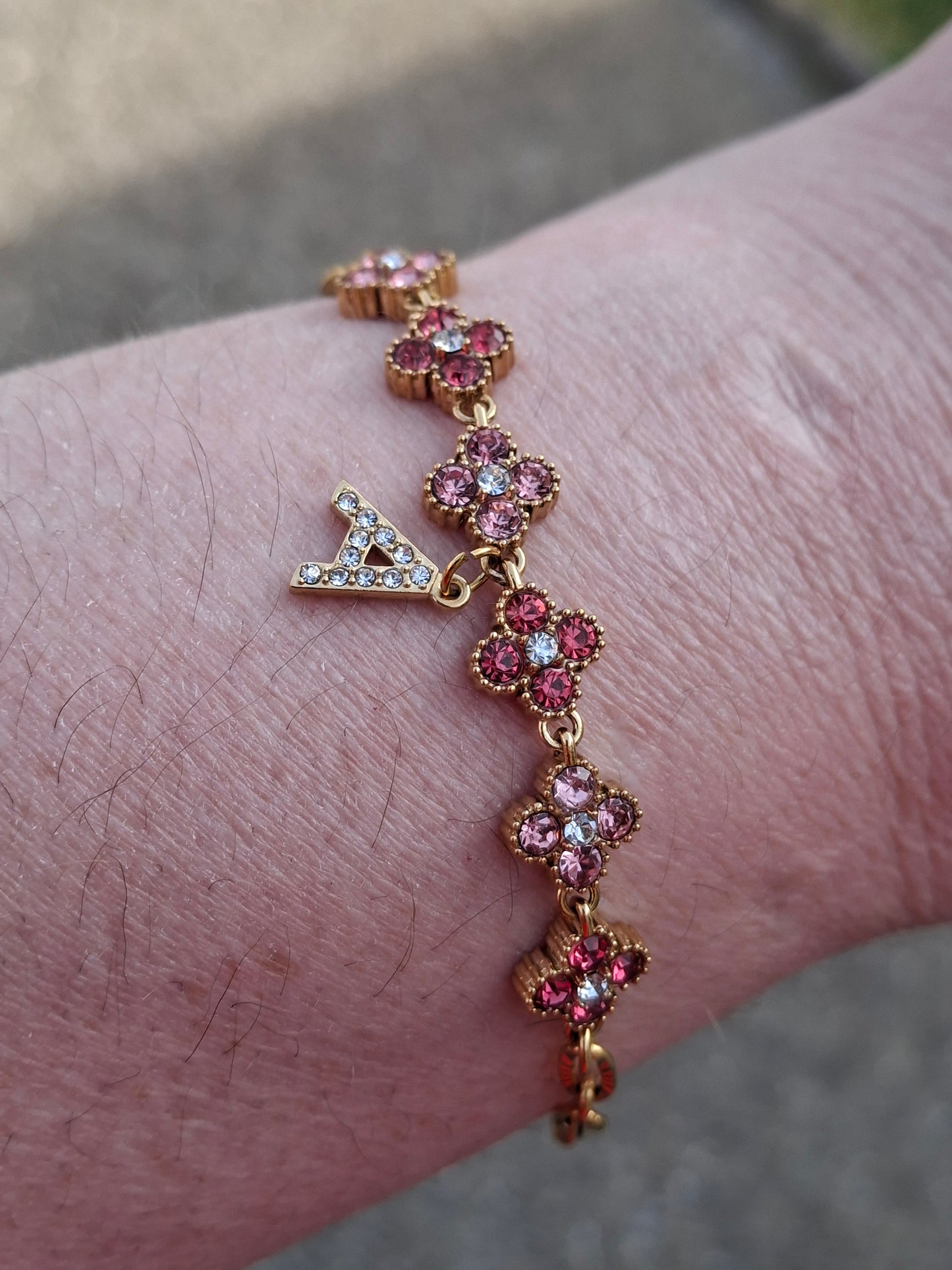 Armband Kette Edelstahl 316 Glieder mit geriffelter Panzerkette und blütenförmiger Kette mit rosafarbenem Kristallbesatz Edelstahl 316 handgefertigt verstellbar